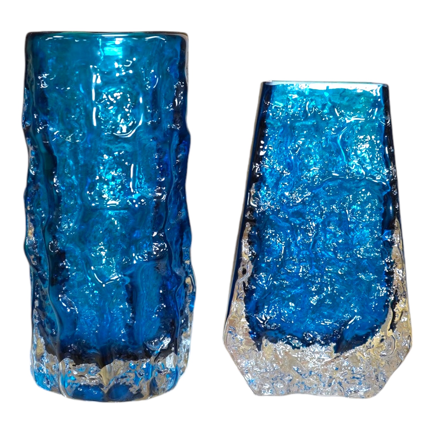 Two Whitefriars bark effect vases - Kingfisher Blue, tallest 15cm high. Condition - good
